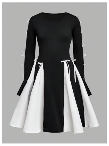 Verdusa Girl's Coquette Bow Dress Colorblock Flare Sleeve Short Flowy Dresses3