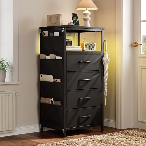 Henunem - Mesita de noche con enchufe, mesa auxiliar LED, 4 cajones plegables, mesita de noche luminosa para dormitorio, salón (negro, 4 cajones, 80 x 40 x 30 cm)