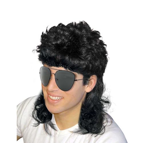 XNIVUIS Peluca Punk Wave para Hombre, Larga Negro Rizada, Mullet, Rockera Disfraz Años 80, Hippies Hombre, Accesorios Halloween Cosplay Carnaval Fiesta (2 Pcs)