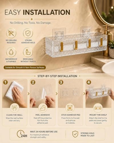 Image of Transparent Acrylic Shower Caddy with Golden Hooks| Bathroom Wall Shelf Organizer with Tier Storage for Toiletries, Shampoo, Skincare, Cosmetics & Bathroom Accessories