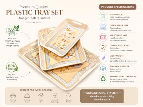 Image of 3 Pcs Plastic Serving Tray Set with Handle | Multipurpose Tea Snacks Breakfast Tray | Floral Printed Rectangular Serving Trays for Kitchen & Home (Cream Flower)