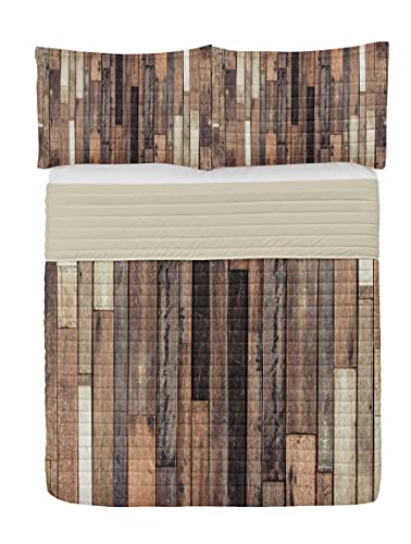 Ambesonne Wooden Print Microfiber Bedspread Set, Brown Old Hardwood Floor Plank Grunge Lodge Garage Loft Rural Natural Graphic, Soft Bedding Set With Pillow Shams & Comforter, Queen Size, Brown #TOP13