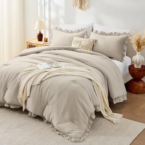 Image of FUANNA Full Size Comforter Sets Oatmeal, 3 Pieces Ruffle Full Size Bedding Sets, Fluffy Bed in a Bag Full for All Seasons, Shabby Chic Full Bed Set with 1 Lightweight Comforter & 2 Pillowshams