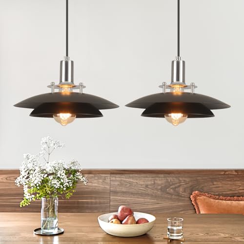 LWWHQ 11.8 Inch Double Layer Metal Pendant Light, Matte Black Industrial Farmhouse Hanging Lamp with Max 59in Adjustable Cord, E26 Dimmable Pendant Lighting Fixture for Kitchen Island Dining Room