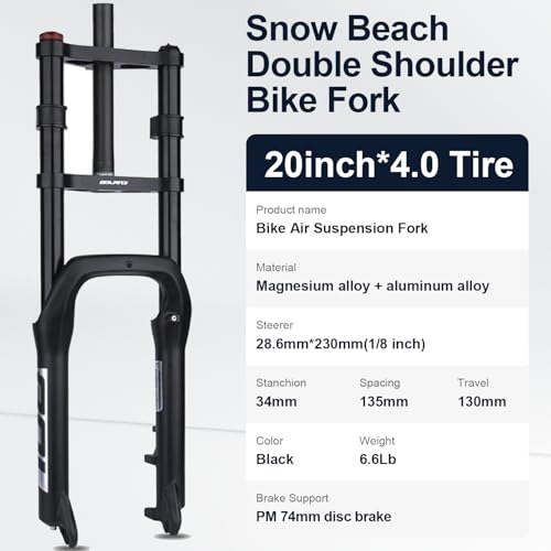BOLANY Bike Suspension Fork 20inch 4.0 Tire Double Shoulder Snow Beach MTB Fat Fork | 130mm Travel | Straight Tube QR 9mm | 1-1/8inch Steerer - Black