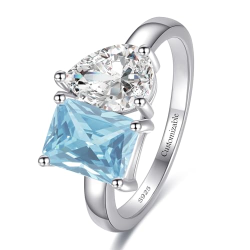 Yaresul Customizable Toi Et Moi Birthstone Ring Women Engagement Ring White Gold Plated 1.5ct 6x8mm Double Stone Emerald & Pear Cut Ring Wedding Band Width Band 2mm Size 7