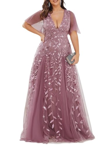 Image of Ever-Pretty Women's Sequin V Neck Plus Size Formal Dresses Evening Gown | Short Sleeve, A-Line, Empire Waist, Plus Size Mother of the Bride Dresses, Plus Size Gala Dress