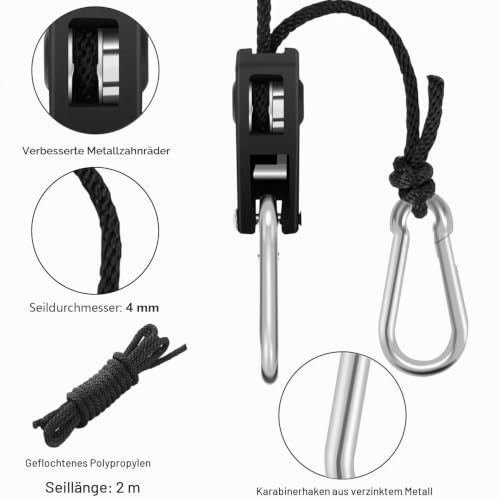 Foto von BOSYTRO 4 Paar（8 Stück） 1/8 Zoll Ratchet Hanger Heavy Duty Einstellbare Ratsche Seil Aufhänger Verstellbarer Seilaufhänger für Grow Light Armaturen Pflanzenlampe Gartenarbeit, 68kg Tragkraft pro Paar