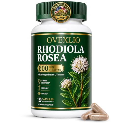 OVEXLIO Rhodiola Rosea Supplement 600mg, 120 Capsules | Stress Support, Energy & Focus, Organic Rhodiola Rosea Extract, Adaptogen Formula with Ashwagandha and L-Theanine, Non-GMO