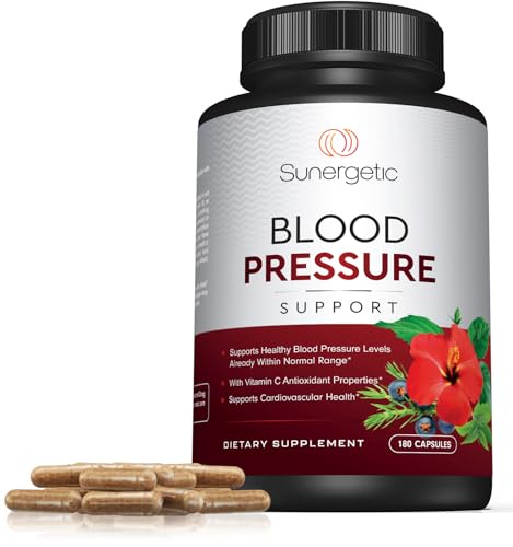 Image of Sunergetic Premium Blood Pressure Support Supplement for Cardiovascular & Heart Health with Garlic, Hawthorn & Hibiscus (180 Capsules)