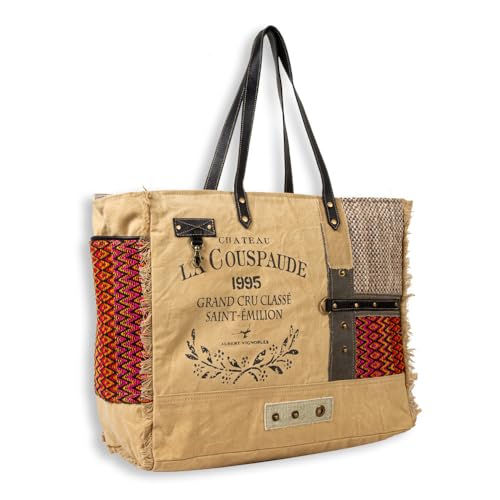 Image of Myra Bag Weekender Bag for Women - Western Upcycled Canvas & Leather Shoulder Bag Sundown River