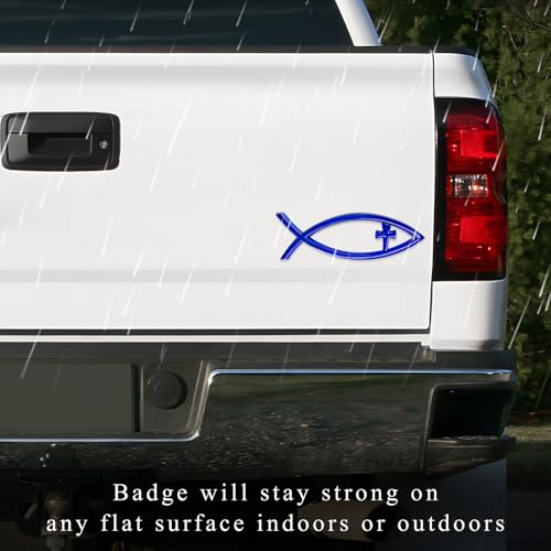 Image of Christian Cross Fish Car Emblem, Large Jesus Fish Cross Auto Emblem Badge Bumper Sticker, Weatherproof Christian Fishes Symbol Ichthus Religious Decal for Most Vehicles (Blue)