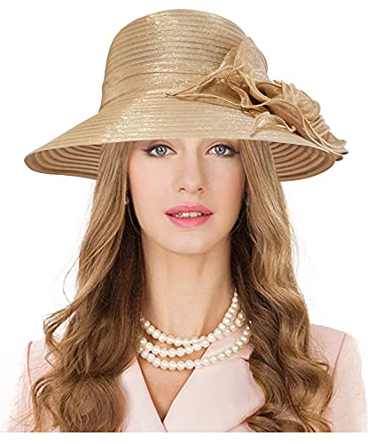 Carnavalife Sombrero de Boda con Flores para Mujer, Gorro Nupcial para Vestido de Novia, Tocado de Iglesia Derby para Fiesta de Té, Talla única (Oro)