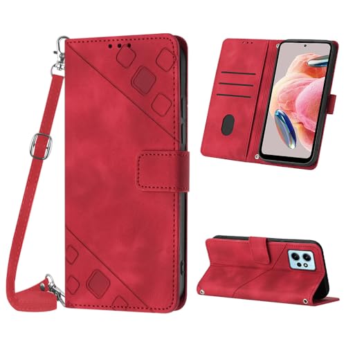 Mo-Beauty Custodia per Xiaomi Redmi Note 12 4G, PU Pelle Portafoglio Flip Custodia a tracolla [Supporto] [Scomparto per carte] [Chiusura Magnetica] Cover per Redmi Note 12 4G - Rosso