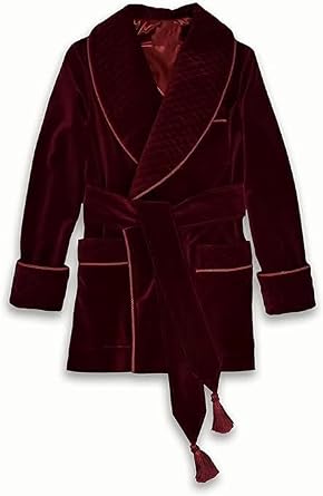 Mens Maroon Velvet Smoking Jackets Robes Quilted Cord Piping Smoking Robes Coats Party Wear