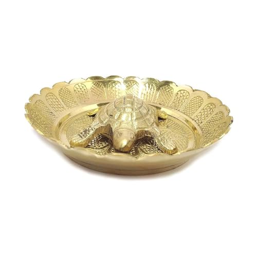 Image of Pure Brass Turtle Figurine on Decorative Plate, Gold, Vastu Feng Shui Tortoise with Patterned Tray