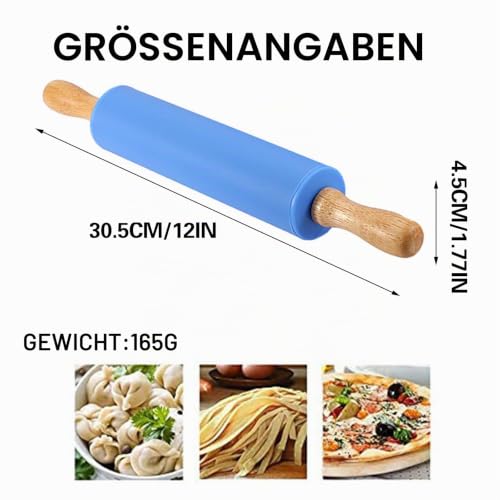 Foto von Silikon-Nudelholz mit Holzgriffe, Silikon Teigroller mit Holzgriff, Teigrolle Nudelholz, Antihaft-Oberfläche Nudel Holz für Backen, Pie Crust, Pizza, 30 cm, Blau, 1 Stück
