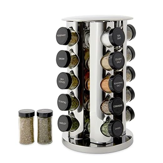 Kamenstein 20 Jar Revolving Countertop Spice Rack with Spices Included, FREE Spice Refills for 5 Years, Polished Stainless Steel with Black Caps