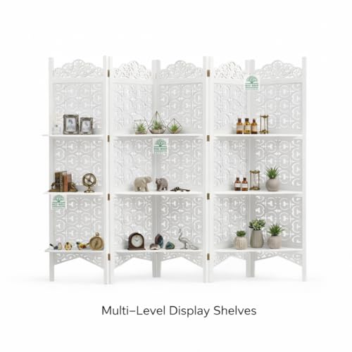 Image of Wooden Room Divider 6 Feet, 5-Panel Folding Wooden Partition for Living Room, Office, Pooja Room, Restaurant, Kitchen & Balcony