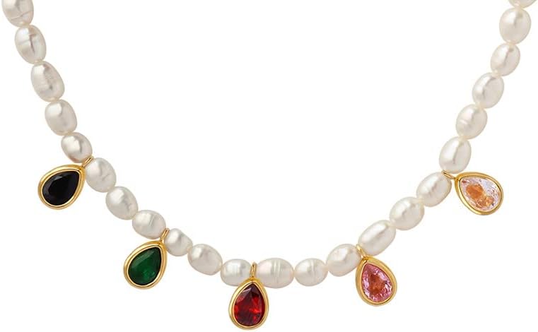 14k Gold Freshwater Pearl Pendant Necklace for Women,Sparkling Natural Gemstone Gold Chain Choker Necklace,Fashion Jewelry Gift for Her