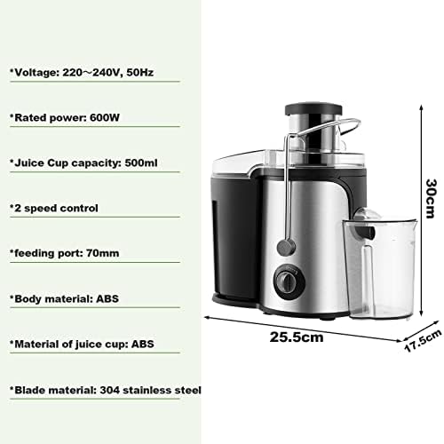 TUKAILAI Juicer, Whole Fruit and Vegetable 2 Speed Setting 600W Stainless Steel Centrifugal Juicer Machine with Wide Feeding Chute, 500ML Container Easy Clean BPA-Free Fruit Vegetable Extractor