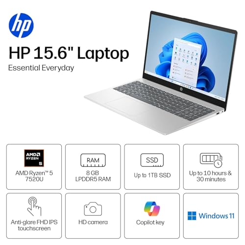Image of HP 15.6 inch FHD Touchscreen | Ryzen 5 7520U | 2026 Edition | 8GB RAM 512GB SSD | Copilot AI Key | 10.5H Battery | Privacy Shutter | AMD Radeon Graphics | HDMI | Windows 11 Home