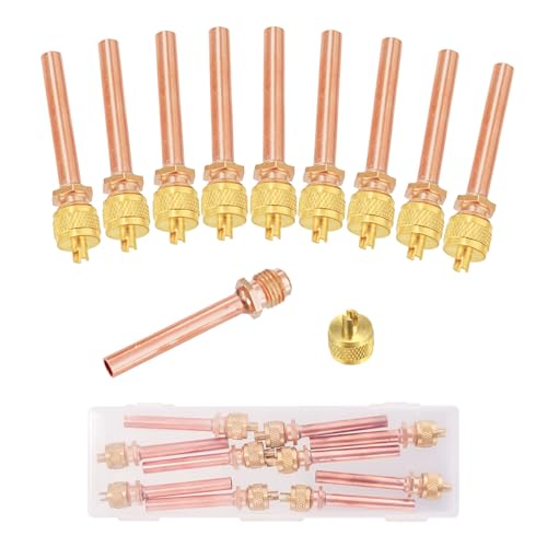 WISSCOOL 10PCS HVAC Service Access Valves, 1/4” SAE x 1/4” OD x 2.5” Stem, Schrader-Type Refrigeration Charging Valves with Core Remover Caps (Storage Box)