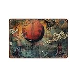 Apocalyptic Urban Moon Metal Sign: Dramatic, mixed - media artwork featuring a large, blood - red moon hanging over a dystopian cityscape. 6x8 inch