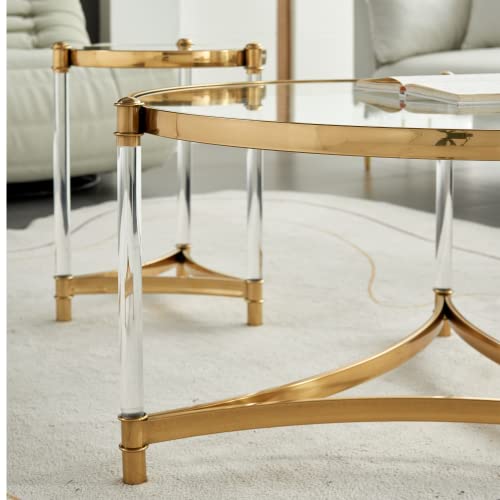 Round Acrylic Stainless Steel Coffee Table, 36" Acylic Round Coffee Table, Contemporary Coffee Table, Gold Coffee Tables For Living Room, Round Coffee Table With Gold Metal Frame #TOP3