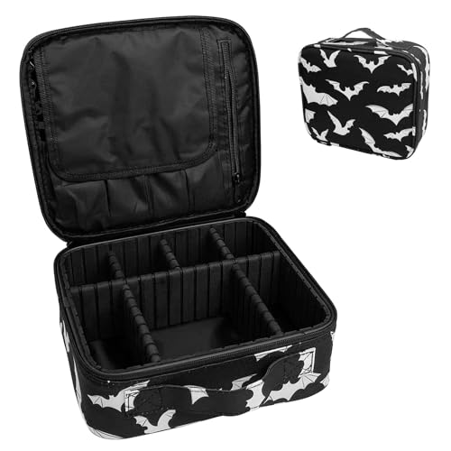 9CH Goth Makeup Organizer Bag, Halloween Makeup Bags Large Cosmetic Bag with Adjustable Dividers Portable Bat Cosmetic Case for Make up Brushes Toiletry Jewelry（Black Bats）