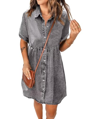 Image of Women's Denim Dress for Women Cute Blue Babydoll Denim Shirt Dress Denim Dress with Pockets