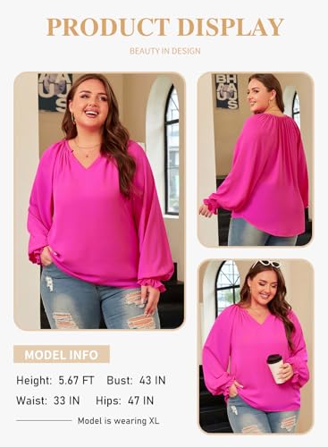 Eytino Womens Plus Size Tops Sexy V Neck Smocked Long Sleeve Casual Chiffon Blouse Flowy Work Shirts(1X-5X)3