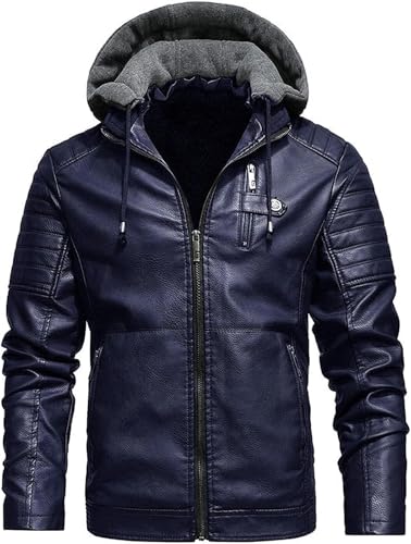Image of Blaq Ash Men's Faux Leather Hooded Motorcycle Jacket, Zip-Up, with Pockets Removable Hood
