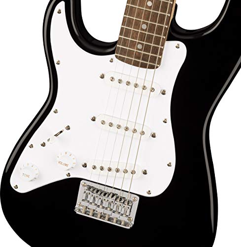 Image of Fender Squier 3 /4-Size Left-Handed Kids Mini Strat Electric Guitar - Black Bundle with Amplifier, Instrument Cable, Tuner, Strap, Picks, and Austin Bazaar Instructional DVD