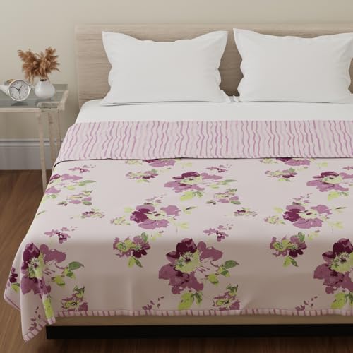 Image of HUESLAND 100% Cotton Reversible Dohar Double Bed Cotton | Soft Cambric Weave, Lightweight AC Blanket Double Bed for Summer & All Weather Use | 86 x 94 inches, Floral Fusion - Purple & Green