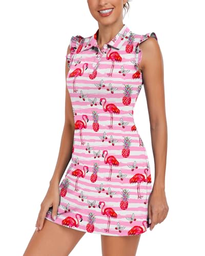 Soneven Women's Tennis Golf Dress with Shorts Button Down Ruffles Sleeveless Athletic Polo Dresses for Women with Pockets(133-Flamingo, X-Large)