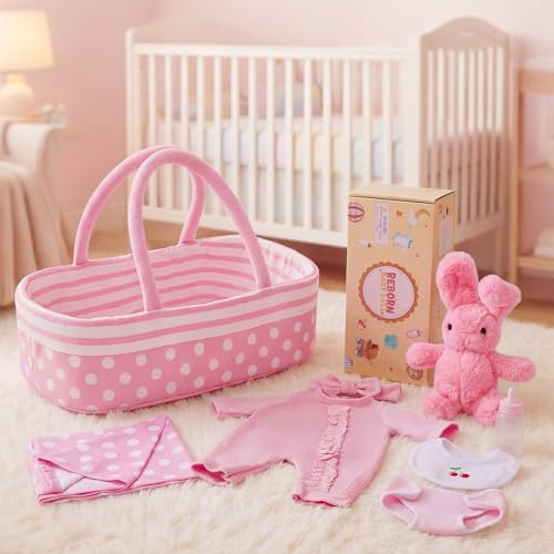 BABESIDE 8 Pcs Baby Doll Accessories, Reborn Baby Dolls Clothes with Bassinet for 17-22 Inch Babydolls, Outfit fit Babies Dolls Girl, Babies Pretend Play Set