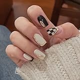 MISUD Short Press on Nails, Glossy Square Fake Nails, Squoval False Nails, Checkerboard Acrylic...