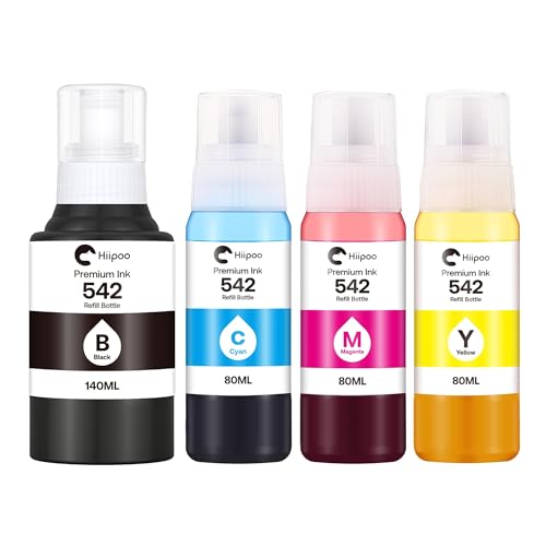 Hiipoo 542 Pigment Ink Refill Bottle ET-5850 ET-5880 ET-5170 ET-16600 ET-16650 ST-C8000 Printers Replacement for 542 Ink Refill Bottles for ET-5850 Upgrade Version (4 Pack)