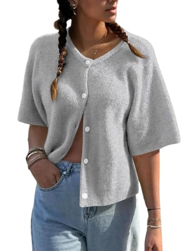 Women Knit Button Down Short Sleeve Crop Cardigans Sweater Y2K Aesthetic Loose Tee Shirt Girls Outfits Knitwear