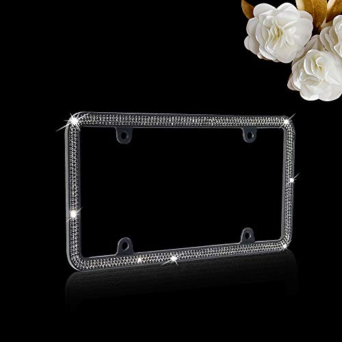 Jr2 3 Row 710+ Premium Sparking Rhinestone Metal License Plate Frame+4 Matching Screw Cap+4 Screws (Black-Black Frame) #TOP1