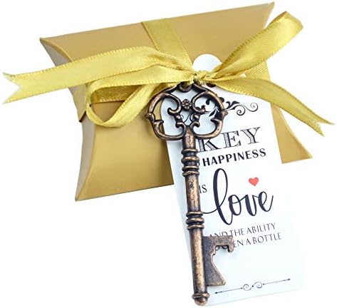 Makhry 50pcs Wedding Favor Souvenir Gift Set Pillow Candy Box Vintage Skeleton Key Bottle Openers Escort Thank You Tag French Ribbon