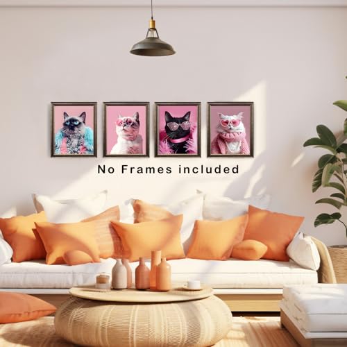 XUNLURY Trendy Retro Cat Wall Art Prints Unframed Set of 4, Funny Fashion Pink Sunglasses Cat Kitten Artwork Wall Pictures for Girls Room Dorm Apartment Home, 8x10 — view 3