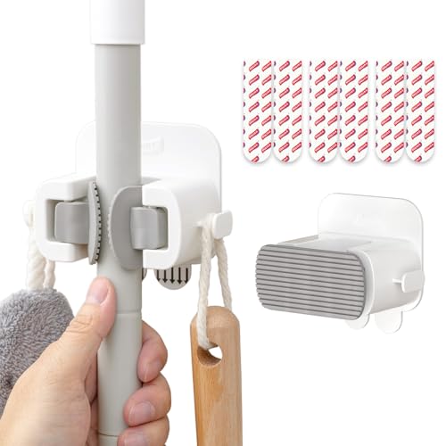 Image of TAILI Mop and Broom Holder Wall Mount Grippers, 2 Hangers and 6 Adhesive Strips, Damage Free Hanging Wall Mount, Household Cleaning Organizer for Organization and Storage, Holds up to 4 lbs, Grey