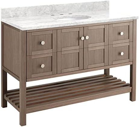 Signature Hardware 953313-48-UM-8 Olsen 48" Single Vanity Set with Wood Cabinet, Stone Vanity Top, and Oval Undermount Porcelain Sink - 8" Faucet Holes - Ash Brown/Carrara