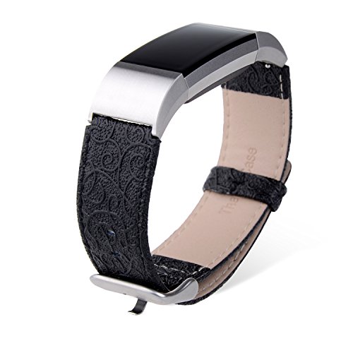 Thankscase Band for Fitbit Charge 2, Genuine Leather Wrist Strap Replacement Spring Bar and Embossed Pattern for 2016 Fitbit Charge 2 (Diamond Black)