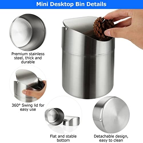GOYADA 3 Pack Small Mini Bin With Lid, 1.5L Desk Table Top Worktop Counter Top Tea Bag Bin, Small Mini Swing Bin For Desk, Office, Bedroom, Bathroom, Kitchen Worktop (12.5 x 16cm) (Silver)