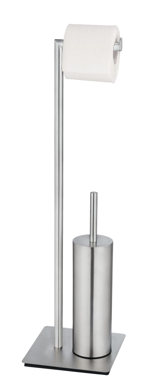 WENKO Set de accesorios de pie para inodoro Recco, escobillero y portarrollos de acero inoxidable satinado con base firme, incl. escobilla con cabezal de silicona, 20 x 71,5 x 20 cm