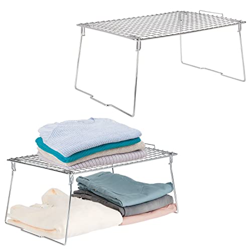 Mdesign Farmhouse Metal Stackable Storage Shelf - Closet, Cabinet, Countertop 2-Tier Raised Organizer - For Bedrooms, Bathrooms, Entryways, Hallways - 12" X 17" X 8.4" - 2 Pack - Chrome #TOP8
