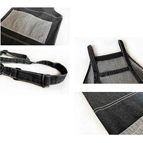 Delantal de Barista Mujer Delantal de Mezclilla Negro Delantal de Vaqueros para Hombres Barbacoa Ajustable con Bolsillos para cocinar Camarero